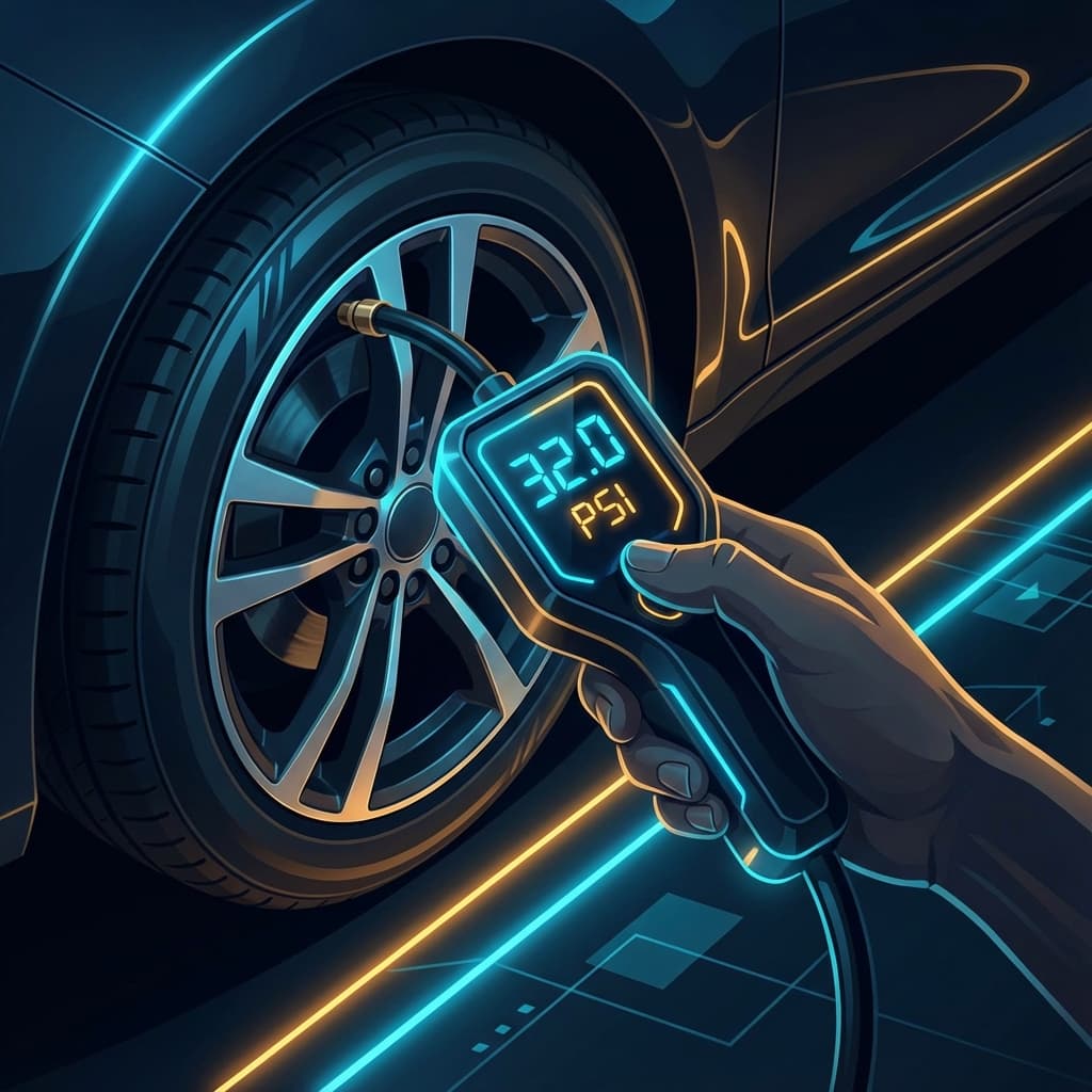 Digital tyre pressure gauge demonstrating correct usage